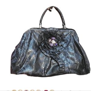 Jessica Simpson Blue Crocodile ALLIGATOR FLOWER ROSETTE JEWEL Crystal BAG